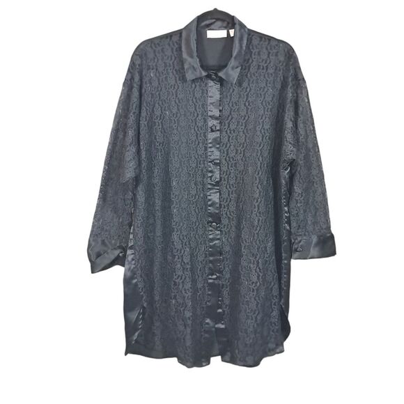 Victoria's Secret Other - Victoria Secret Gold Label Tunic Top NavyBlue Lace Satin Long Sleeve M L Vintage